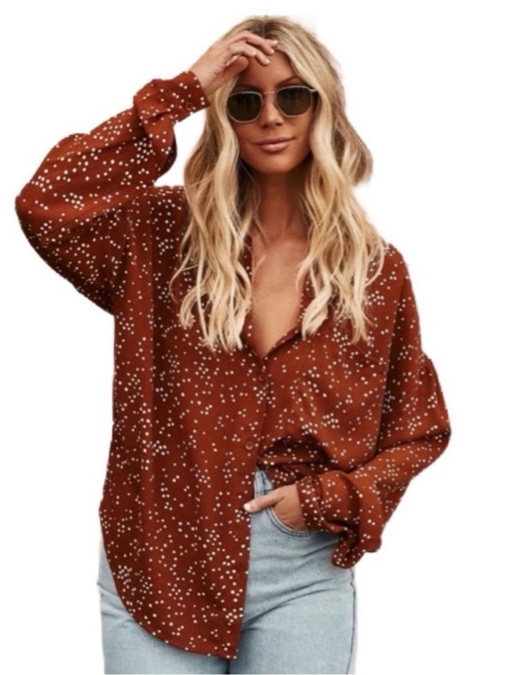 12th Tribe Woven Button-Up Shirt in Rust with White Dot Print